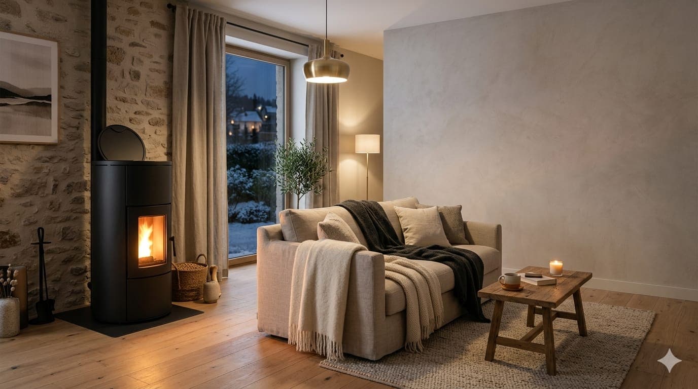 Poêle à granulés allumé dans un salon, l'hiver