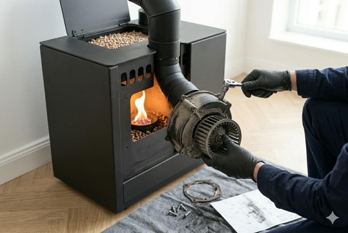 Dépose du ventilateur extracteur de fumées d'un poêle à granulés, Besançon