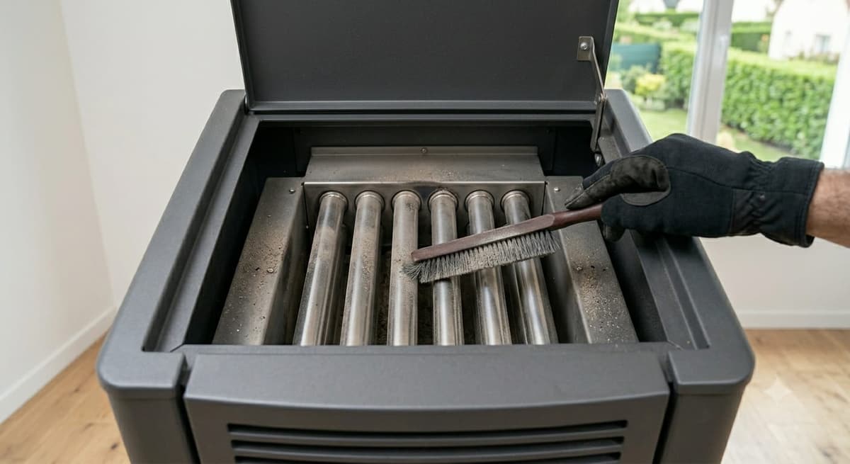 Brossage des tubes de l'échangeur de chaleur d'un poêle à granulés, Cholet