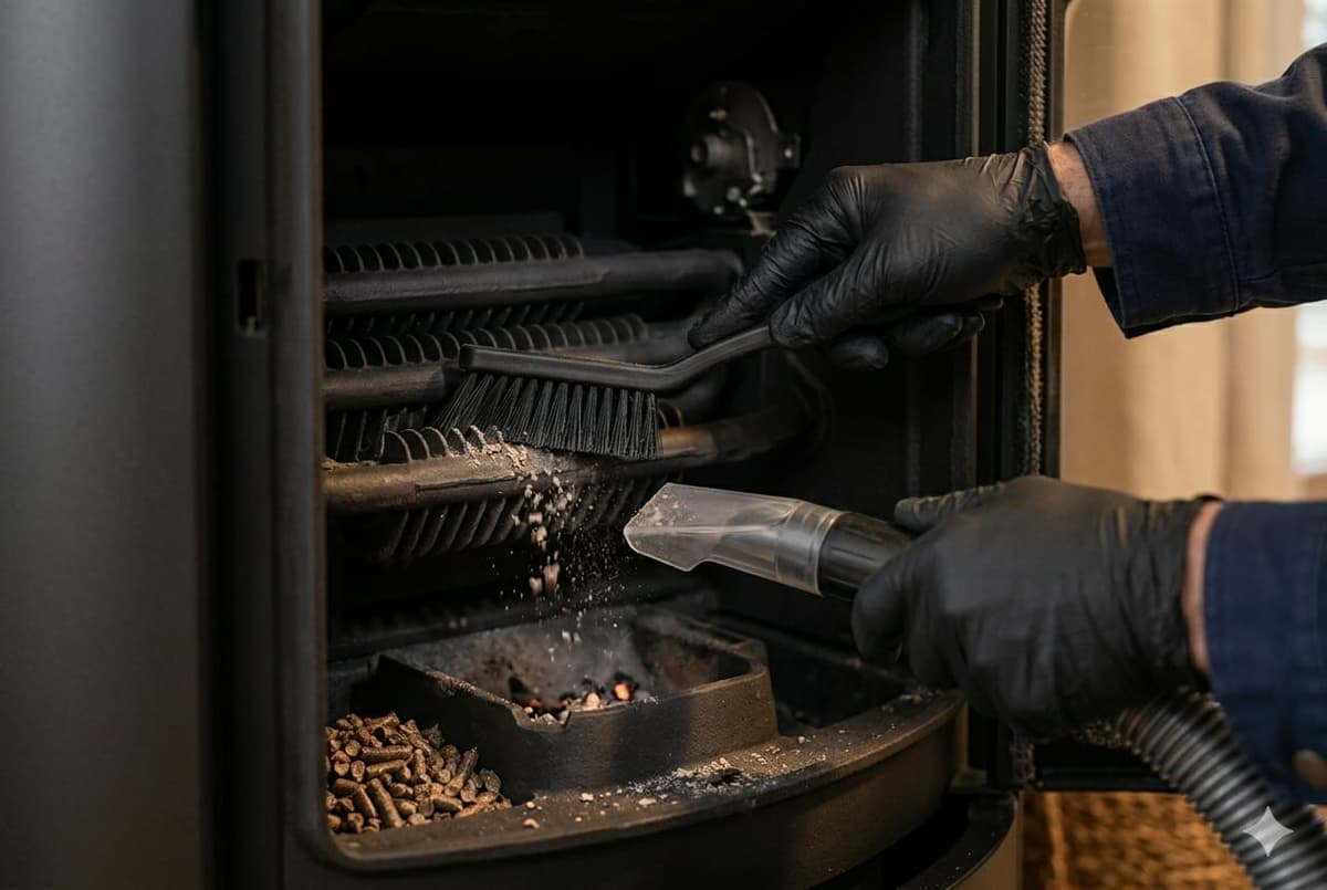 Aspiration des résidus dans la chambre de combustion d'un poêle à granulés, Rennes