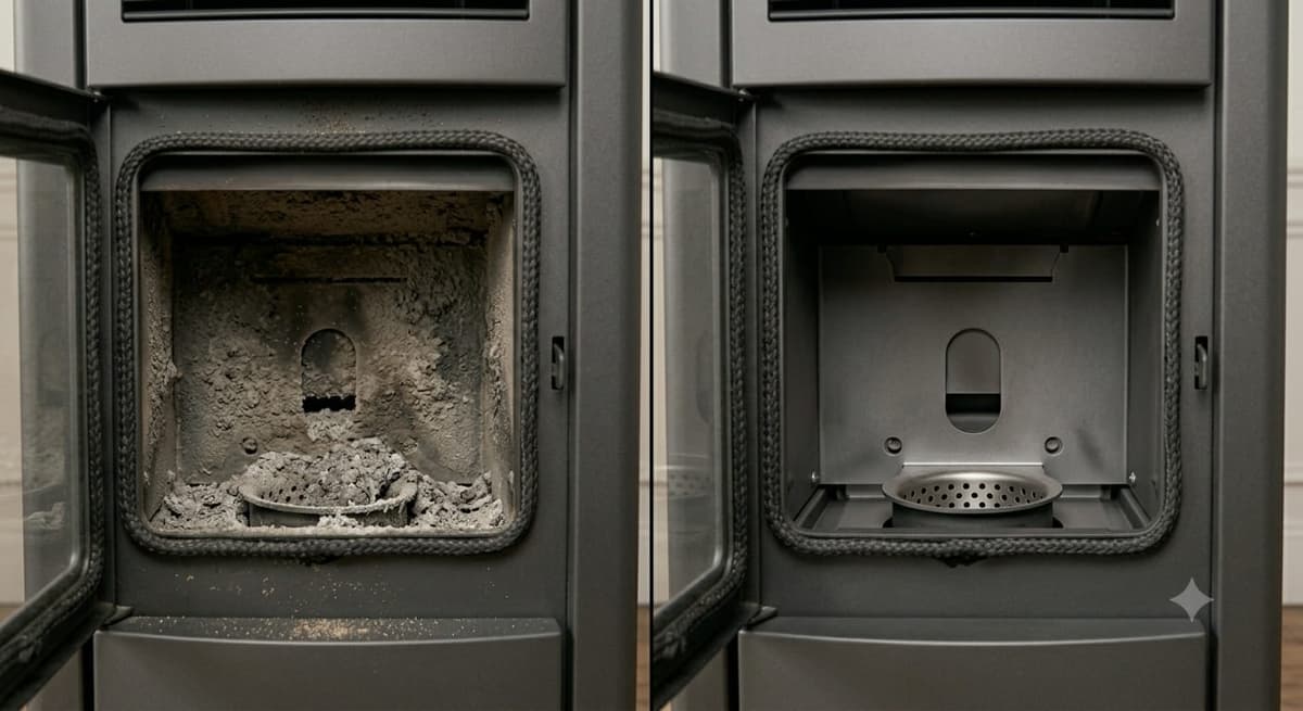 Chambre de combustion d'un poêle à granulés avant et après entretien, Vendée