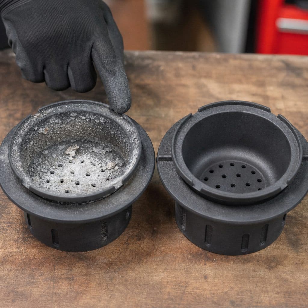 Creuset (braséro) d'un poêle à granulés démonté, avant et après nettoyage