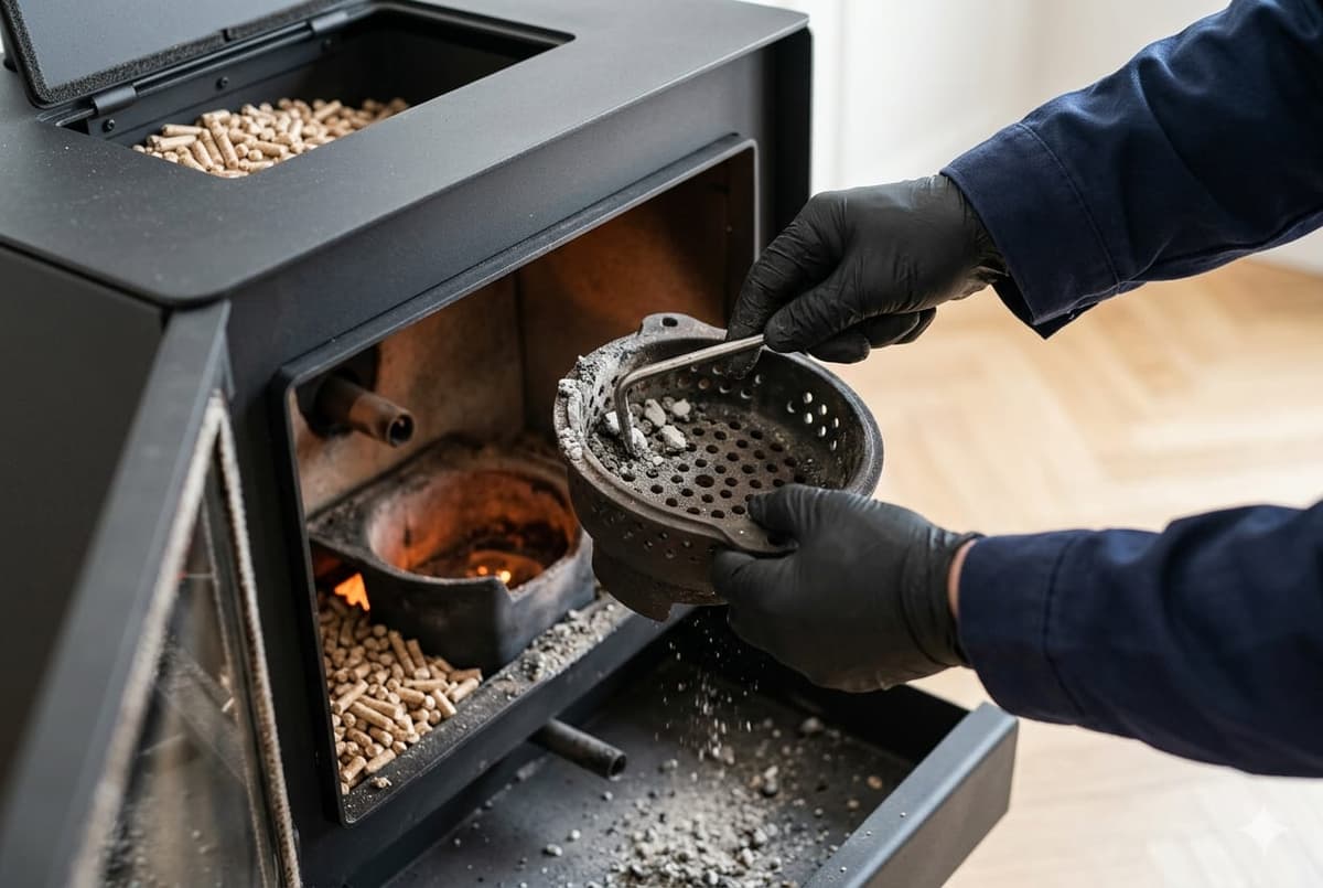 Retrait du creuset (braséro) d'un poêle à granulés pour nettoyage, Dordogne
