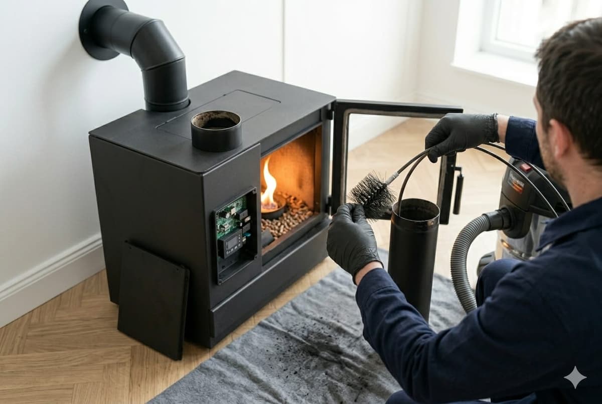 Nettoyage du conduit et aspiration des suies d'un poêle à granulés, Saint-Brieuc